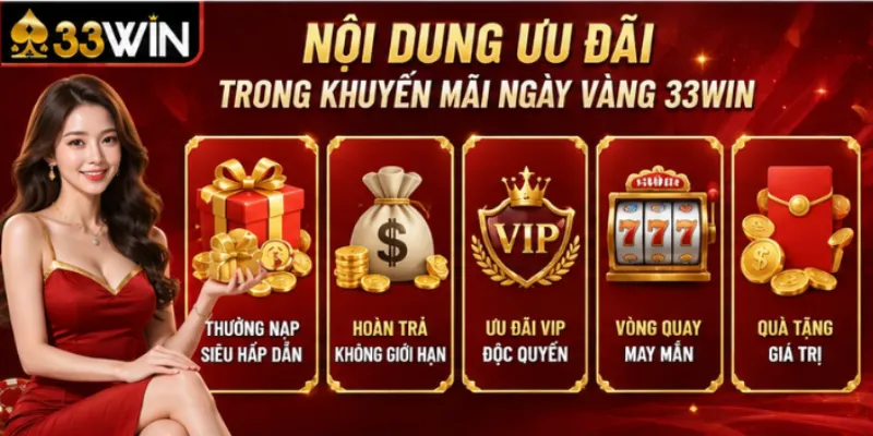 Khuyến mãi ngày vàng 33Win – Ưu đãi đặc biệt không thể bỏ lỡ 2026 3 Nội dung ưu đãi trong khuyến mãi ngày vàng 33Win